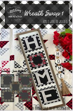 the front and back cover of a quilt book with red roses on it, black and white checkered background