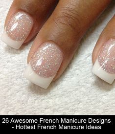 I bet the most classic nail design in the world should be the elegant white-tipped French manicure. They look ultra-chic for their simple yet fantastic Glitter French Tips Oval, Shiny French Manicure, Glitter Nails White Tips, French Manicure Shimmer, French Dip Nails With Glitter, White Sparkle French Tip, French Manicure With Sparkle, White Tips With Glitter, French Tip With Glitter Line