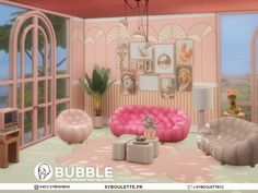 a living room filled with furniture and pink walls