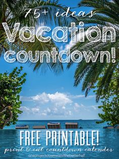 a poster with the words free printable vacation countdowns and an image of palm trees