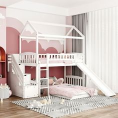 a child's bedroom with pink walls and white bunk beds, stairs and rugs