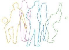 a group of people standing next to each other in different colored lines on a white background