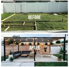 before and after photos of an outdoor living area with grass growing on the roof, in front of a fence