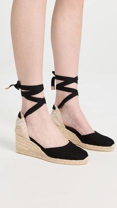 Fabric: Canvas.Braided jute midsole.Wedge heel.Platform profile.Wraparound ankle strap.Round toe.Rubber sole.Made in Spain.This item cannot be gift-boxed Espadrille Wedge Heel With Wrapped Heel, Straw Espadrilles With Wrapped Heel And Closed Toe, Espadrille Wedge Sandals With Wrapped Heel, Straw Wedge Sandals With Wrapped Heel And Round Toe, Castaner Espadrilles, Heeled Espadrilles, Black Espadrilles, Bag Icon, Espadrille Sandals