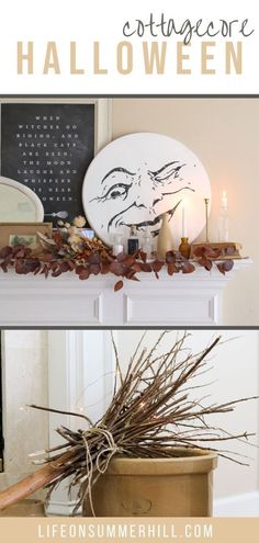 three different pictures of halloween decorations on top of a mantle