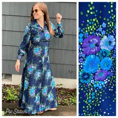 1970s retro maxi dress, such a unique piece is perfect vintage condition, no detected flaws or wear. Fits like a US size small, model is 5'-4" for reference. Measures 18" PTP, 53" long Blue Vintage Maxi Dress For Spring, Vintage Blue Maxi Dress For Spring, Retro Blue Spring Maxi Dress, Blue Retro Maxi Dress For Spring, Retro Blue Maxi Dress For Spring, Retro Long Sleeve Maxi Dress With Vintage Print, 1970s Blue Long Sleeve Dress, 1970s Long Sleeve Blue Dresses, Retro Floral Print Maxi Dress For Fall