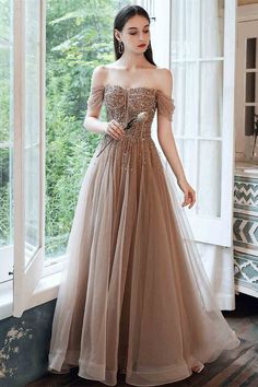 Stunning Champagne Tulle Long Party Dress Off Shoulder Tulle, Long Party Dress, Dress A Line, Mermaid Evening Dresses, Evening Party Dress, Party Dress Long, Long Prom Dress, Custom Dresses, Prom Dresses Long