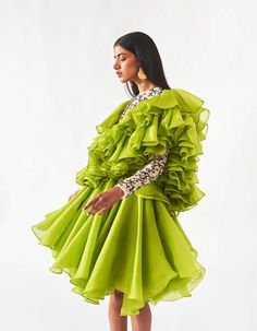 Hand Embroidered Ruffle Dress | NOT JUST A LABEL Art To Wear, Back Neck, Green Art, Silk Organza, Vintage Casual, Hot Dress, Asymmetric Hem, Ruffle Dress, African Fashion