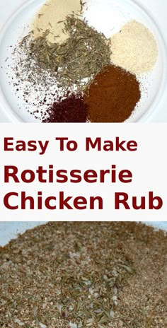 the ingredients to make rotissee chicken rub on a white plate