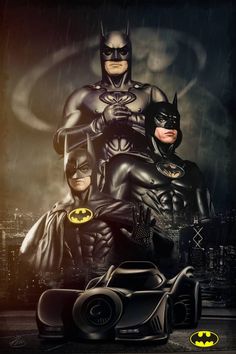 the batman movie poster is shown with two men in costumes and one man wearing a batmobile