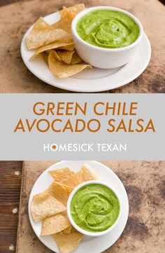 green chile and avocado salsa on a plate with tortilla chips in the background