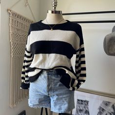 Boutique Black And Cream Striped Crew Neck Knit Sweater Nwt Black Long Sleeve Sweater With Striped Sleeves, Black Patchwork Crew Neck Sweater, Cream And Black Striped Sweater, Black And Gray Striped Sweater, Black Crew Neck T-shirt With Horizontal Stripes, Black Cream, Striped Knit, Colorful Sweaters, Scoop Neck