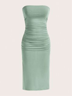 Solid Ruched Split Thigh Tube Dress Mint Green   Sleeveless Knitted Fabric Plain Bodycon Slight Stretch  Women Clothing, size features are:Bust: ,Length: ,Sleeve Length: Tube Bodycon Dress, Purple Chocolate, Traje Casual, Women Long Dresses, Tube Dress, Kids Beachwear, Womens Midi Dresses, Grey Fashion, Dress P