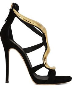 Black leather/gold plated metal Venere 120mm high-heel sandals from Giuseppe Zanotti featuring open toe, strap detailing, gold-tone hardware, rear zip fastening, stiletto heel and branded insole. Metal Snake, Olivia Von Halle, Giuseppe Zanotti Shoes, Black Stilettos, Stiletto Sandals, Party Shoes, Suede Shoes, High Heel Sandals, Stiletto Heel