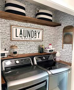 the laundry room is clean and ready to be used as a washer and dryer