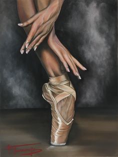 a painting of a ballerina's foot with her hands on the ballet shoe