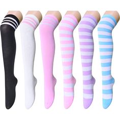 PRICES MAY VARY. THIGH HIGH SOCKS - Bring all your favorite spring and summer skirts and dresses into fall and winter with these over knee socks. They come in black with stripes, white with stripes, pink with stripes on the top of the socks, white with pink stripes, white with purple stripes and white with blue stripes. These thigh socks provide ample coverage and keep your legs warm. SIZE & PACKAGING - Our thigh high socks for women are designed to fit shoe sizes 6-9 and sock sizes 9-11. The le Programming Socks, Boat Shoes Outfit, Girls Long Socks, Hatter Costume, Striped Thigh High Socks, Mad Hatter Costume, Socks Knee High, Thigh Socks, Outfit Aesthetics