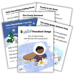 five children's winter songbooks with snowman and dog in sleigh