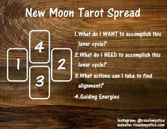 the new moon tarot spread is shown in white on a wooden background with text