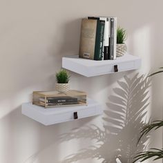 two white floating shelves with books and plants on them, one shelf has a book