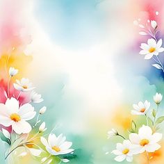 an abstract painting with white daisies on a blue, pink and yellow background is featured in this image