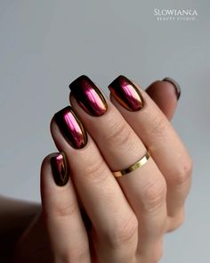 Plum Nails Design, Burgundy And Chrome Nails, Burgundy Nails Chrome, Burgundy With Chrome Nails, Plum Chrome Nails, Cooper Nails, Chrome Nails Dark, Aubergine Nails