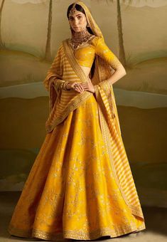 Golden Yellow Designer Lehenga Choli Bridal Lehenga Designs, Indian Outfits Lehenga, Yellow Lehenga, Wedding Lehenga Designs, Choli Designs, Indian Bridal Dress, Traditional Indian Outfits, Indian Bridal Wear, Ghagra Choli