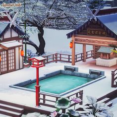 a painting of a japanese winter scene with a hot tub