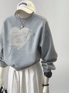 Women's Casual Round Neck Heart & Letter Print Bow Detail Sweatshirt, Autumn/Winter Grey Casual  Wrist-Length Sleeve Polyester Letter,Plain Pullovers Slight Stretch Fall/Winter Women Clothing, size features are:Bust: ,Length: ,Sleeve Length: Winter Cotton Tops With Heart Graphic, Cotton Tops With Heart Graphic For Winter, Cotton Heart-shaped Top For Winter, Heart-shaped Cotton Winter Top, Trendy Winter Sweatshirt With Heart Graphic, Trendy Heart Graphic Sweatshirt For Winter, Casual Heart-shaped Sweater For Winter, Casual Heart-shaped Winter Sweater, Cotton Sweatshirt With Heart Graphic For Winter