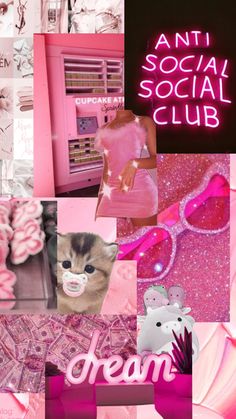 a collage of pink and purple images with the words anti social club on them