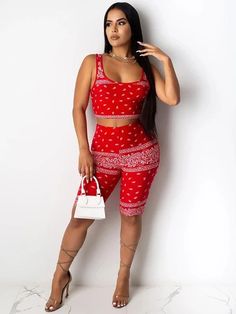 Wrap Printed Exposed Navel Tank&Shorts Yoga Suits - rrdeye Mens Summer Pants, Two Piece Suits, Club Outfits For Women, Yoga Suit, Tracksuit Set, Couple Outfits, Club Outfits, Printed Tank Tops, Red Fashion