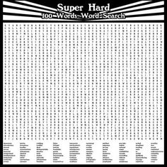 a poster with words and numbers on it that say, super hard 100 words word search