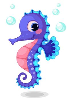 a cartoon seahorse with bubbles floating around