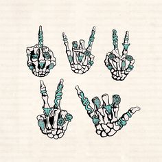 four different hand gestures drawn in blue and black ink on white paper with green accents