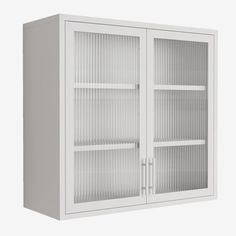 a white cabinet with glass doors on the front and bottom shelves, against a white background