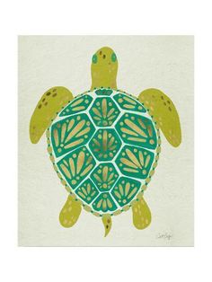 a painting of a green turtle on a white background