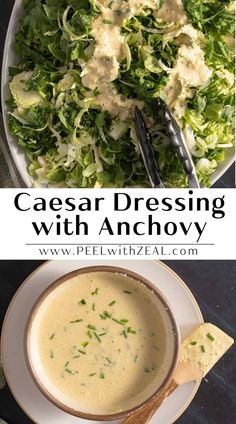 two pictures showing different types of salad dressing with anchovy