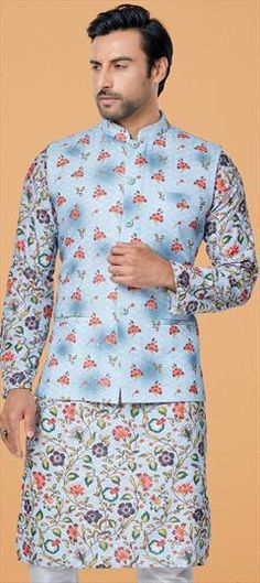 Blue color Nehru Jacket in Polyester Silk fabric with Printed work Festive Floral Nehru Jacket, Traditional Blue Blazer With Long Sleeves, Festive Blue Long Sleeve Blazer, Festive Long Sleeve Blue Blazer, Blue Cotton Nehru Jacket With Long Sleeves, Blue Long Sleeve Bandhgala For Spring, Blue Nehru Jacket With Stand Collar For Festive Occasions, Festive Blue Nehru Jacket With Stand Collar, Blue Cotton Long Sleeve Bandhgala