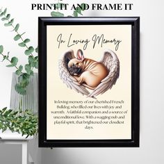 a framed print with an image of a pug in angel wings and the words,'no loving memory '