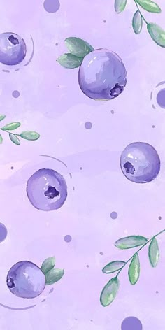 blueberries with green leaves and dots on a purple background, watercolor painting style