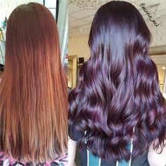 MAKEOVER: Faded Cherry To Vibrant Violet - Hair Color - Modern Salon Plum Burgundy Hair, Brown And Pink Hair, Honey Brown Hair Color, Red Violet Hair, Colouring Tips, Violet Hair Colors, Skin Studio, Cherry Red Hair, Warm Brunette