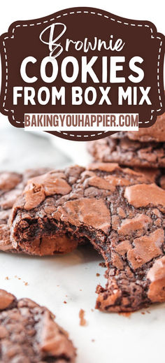 brownie cookies from box mix are stacked on top of each other with the words, brownie cookies from box mix