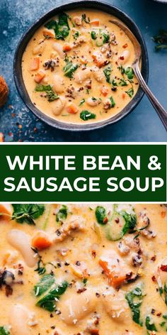 white bean and sausage soup in a skillet on a blue background with text overlay