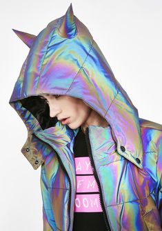 will have ya goin' from chic to freak! You light up when the sun goes down in this insta-worthy bomber jacket that has an oil slick rainbow reflective construction, pockets on the sides, a front zip closure, and a detachable hood with horns. Trendy Rainbow Outerwear For Fall, Trendy Rainbow Outerwear For Spring, Trendy Iridescent Long Sleeve Outerwear, Trendy Metallic Outerwear For Streetwear, Trendy Iridescent Outerwear For Fall, Looks Neon, Festival Outfit Women, Y2k Looks, Mood Night