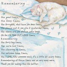 a watercolor painting of a cat sleeping on top of a bed with poem written below