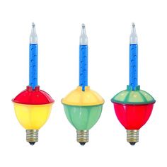 three different colored light bulbs in the shape of lamps