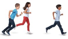 three young children are running and listening to headphones on their ears while the third child is jogging