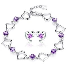 Cheap Purple Heart-shaped Beaded Bracelets, Purple Cubic Zirconia Jewelry For Valentine's Day, Silver Heart Cut Jewelry Sets For Valentine's Day, Silver Heart-shaped Jewelry Sets For Valentine's Day, Valentine's Day Silver Jewelry Sets With Heart Cut, Valentine's Day Silver Heart-cut Jewelry Sets, Crystal Jewelry With Heart Beads And Heart Cut, Crystal Heart Cut Jewelry With Heart Beads, Crystal Heart Beads Jewelry