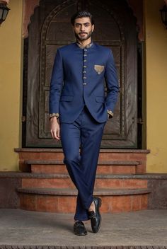 Nitika Gujral Men-Navy Blue Embroidered Jodhpuri Suit-INDIASPOPUP.COM Embroidered Bandhgala, Suit For Men Wedding, Jodhpuri Suits For Men, Embroidered Buttons, Jodhpuri Suit, Placement Embroidery, Mens Wear Wedding, Navy Blue Fabric, Fabric Light