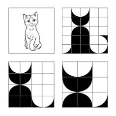 four squares with black and white images of cats